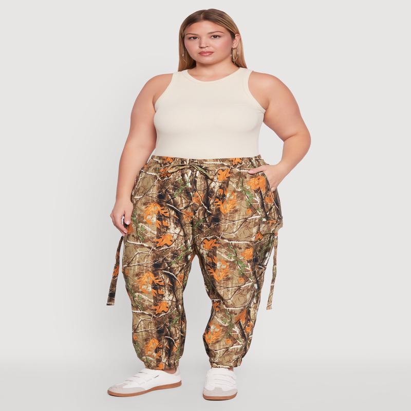 Plus Size Forest Camo Drawstring Waist Cargo Joggers