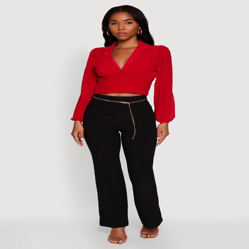 High Waisted Flare Leg Scuba Pants with Metallic Chain Belt