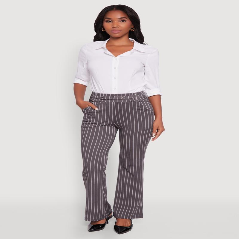 Pinstripe Buckle Detail Mid Rise Dress Pants