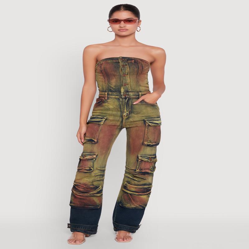 Acid Wash Button Front Tube Utility Jumpsuit