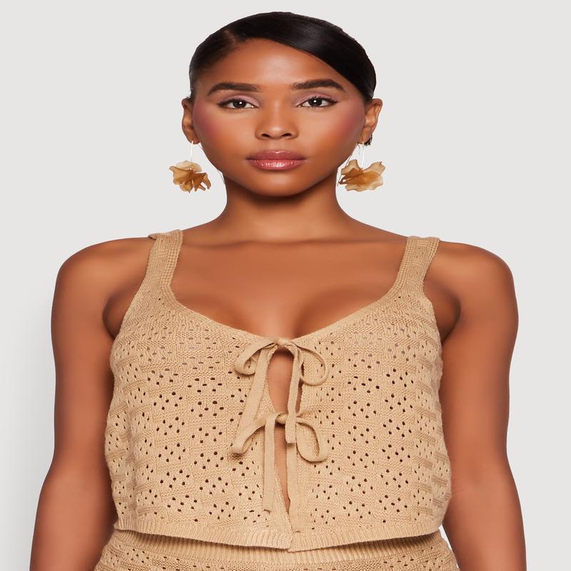 Almost Famous Pointelle Crochet Tie Front Top