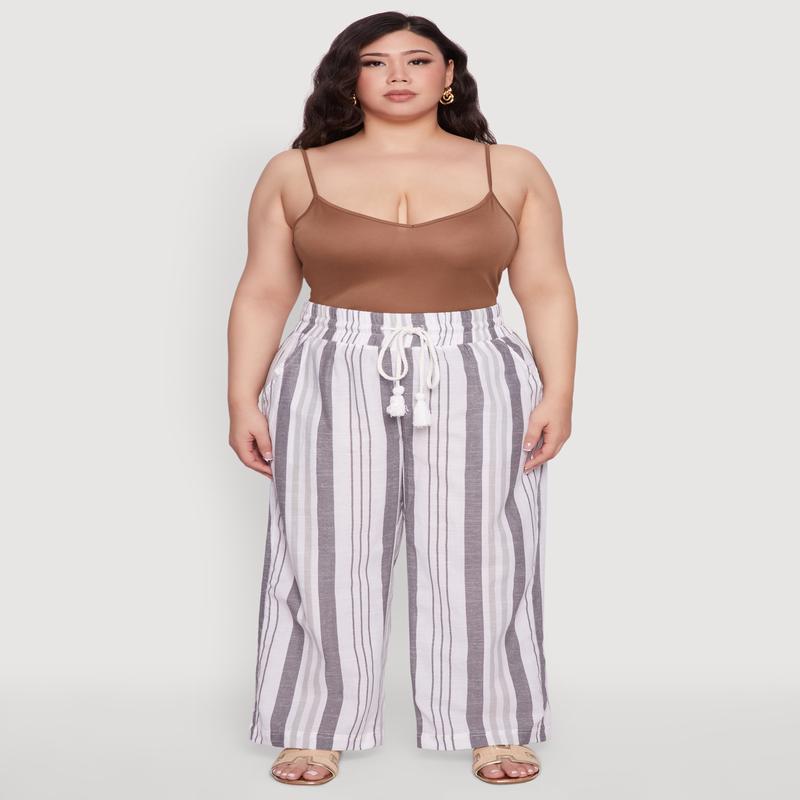 Plus Size Striped Drawstring Waist Palazzo Pants