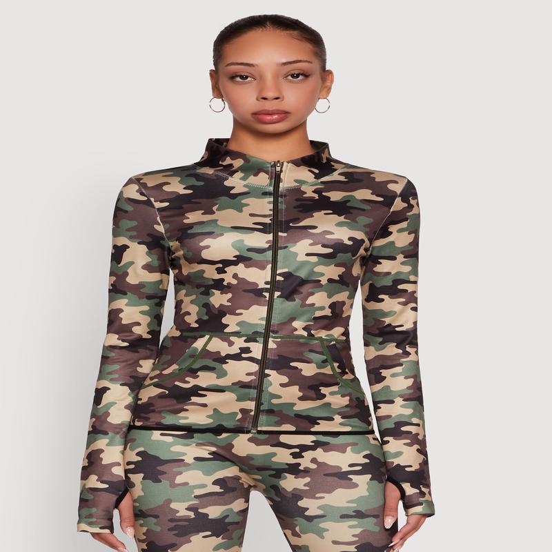 Camouflage Mock Neck Jacket with Thumb Holes