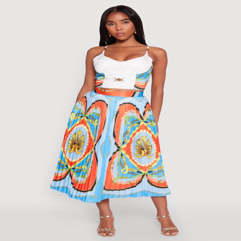 High Waisted Patterned Pleated Skirt