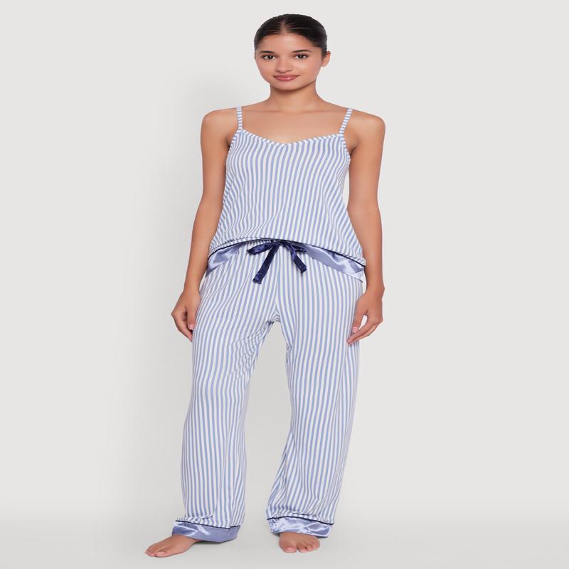 Striped Contrast Satin Trim Pajama Cami and Pants