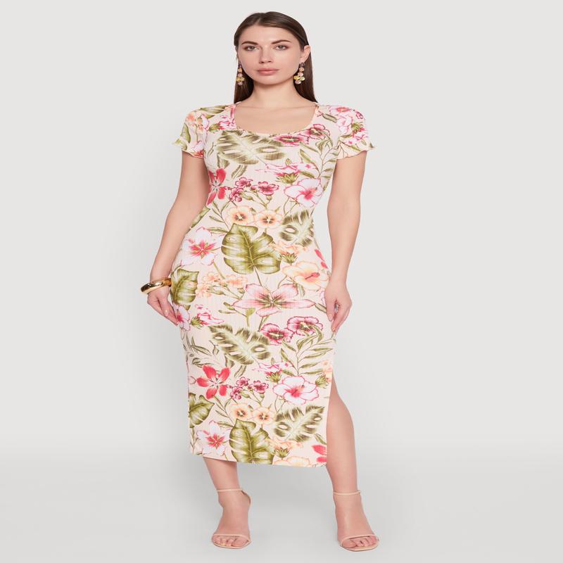 Rib Knit Lettuce Edge Floral Midi Dress