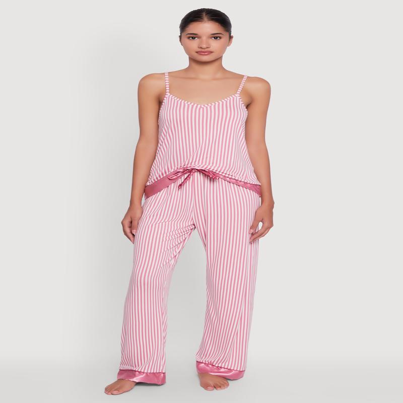 Striped Satin Trim Pajama Cami and Pants