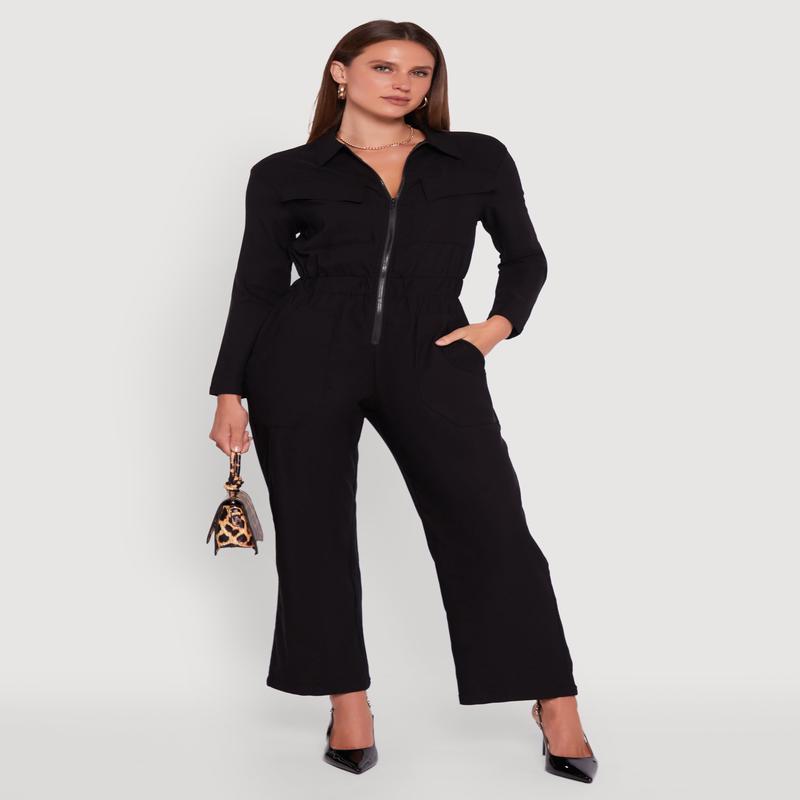 Solid Long Sleeve Collar Jumpsuit with Flap Pockets