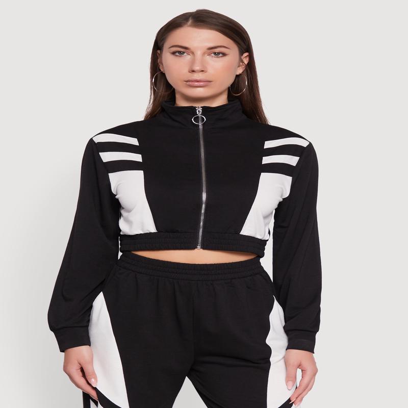 Color Block Cropped Zip Front Track Jacket