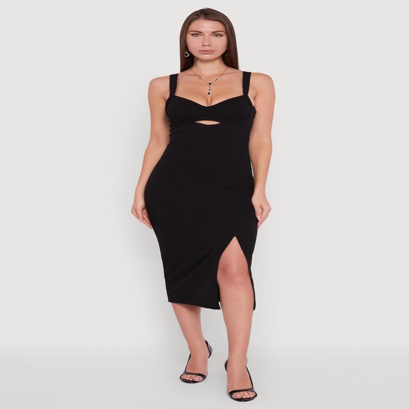 Padded Cups V Neck Midi Dress with Keyhole