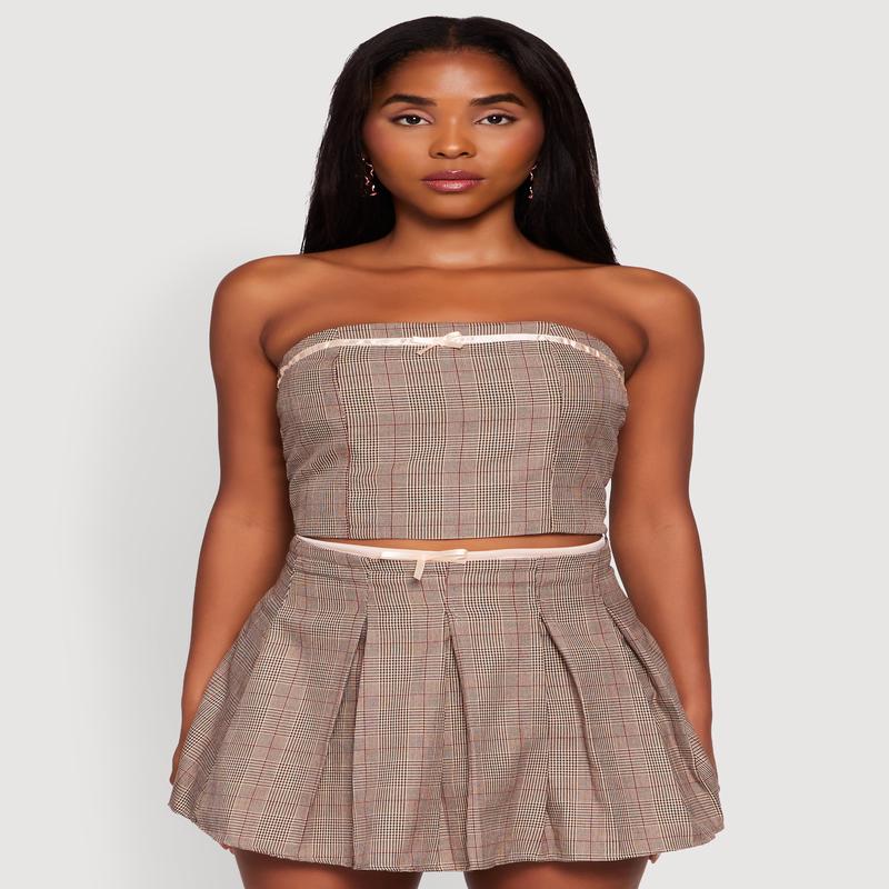 Plaid Tube Top with Bow Contrast Trim