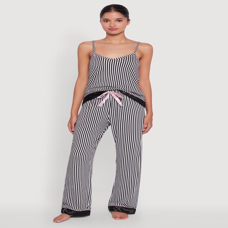 Striped Contrast Satin Trim Pajama Cami and Pants Set