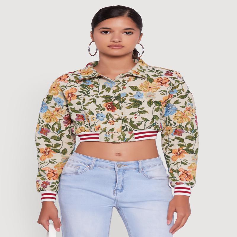 Floral Embroidered Jacquard Jacket with Varsity Stripes